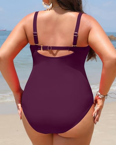 Image of Women Plus Size One Piece Swimsuits Tummy Control Twist Front Bathing Suit | Unremovable Bra, Sweetheart Neckline, Wide Adjustable Straps, Ruched Stomach, Side-Splicing Design, Full Coverage Bottom