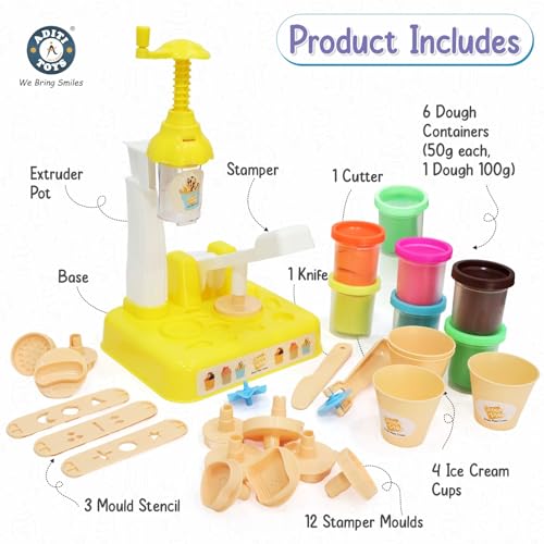 Image of Aditi Toys Play Dough Ice Cream Maker Set, Safe Non-Toxic Dough Ice Cream Maker Including 6 Color Dough Tubes Each 50g + 1(100gm) for Boys Girls, Above 3+ Age (Yellow)