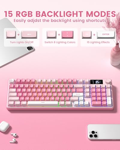 Image of Keymatic Gaming Keyboard Wireless Creamy Keyboard with Media Knob & Screen Cute Keyboard Mechanical Feeling with Number Pad RGB Backlit Tri-Mode BT /2.4GHz /USB-C - Pink