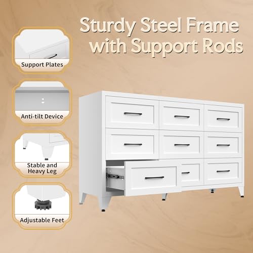Image of Dresser for Bedroom, Chest of Drawers, 9 Drawers Metal Dresser with Anti-Tipping Device, White Closet Dresser for Living Room, Entryway, Hallway