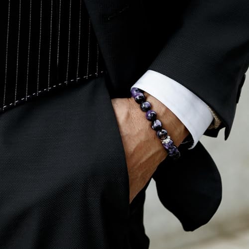 Hawk's Eye Charoite Beaded Bracelet for Men Sterling Silver Charm Adjustable Braided Protection Bracelet (10mm) Natural Gemstones Gift for Men, 6.1''-7.5''3