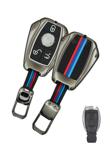 Image of Metal Striped Key Cover and Key Chain Compatible for Mercedes Benz C E M S CLS CLK GLK GLC G Class Car 3 Button Smart Key I Stylish Look I Full Protection