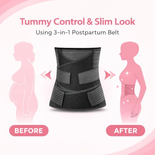 Image of 3-in-1 Postpartum Belt for Women - Post Pregnancy Belly Binder, Waist & Pelvic Support - C Section Recovery, Tummy Tightening, Back Pain Relief - Adjustable Fit - Black-XXL