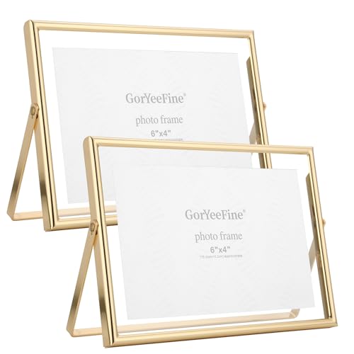 GorYeeFine Gold 7x5 Floating Frame(Horizontal) 2pack for Photo Sizes(3.5x5 4x6) Classy Gold Frames Tabletop/Shelf display for Wedding Christmas Birthady Home or Office Decor.