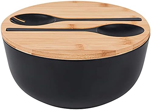 Ensaladera grande de fibra de bambú de 9.8 pulgadas con juego de servidores (tapa de madera de bambú) para ensaladas de frutas, negro