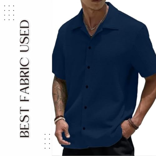 Image of COMBRAIDED Men's Slim Fit Half Sleeve Polycotton Casual Shirt - Solid Pattern, Hip Length