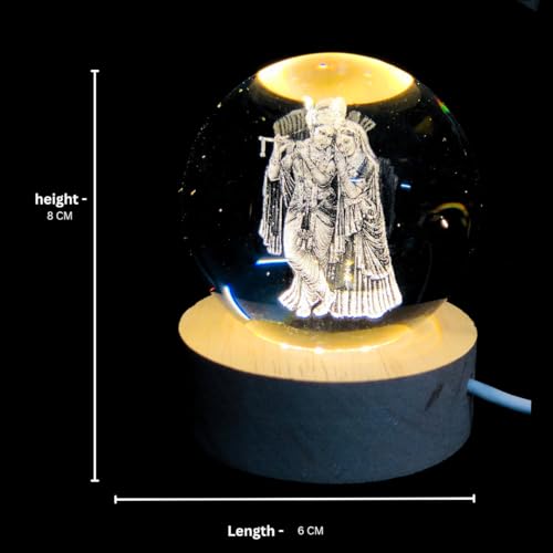 Image of 3D Radha Krishna Crystal Ball Night Light lamp, LED Illuminated Glass Globe with Wooden Base, Decorative Figurine with Etched Design for Home, Office, Birthday Gift, USB Powered
