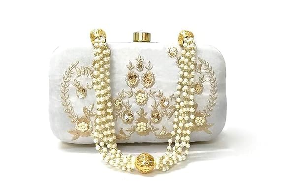 FRINGES Womens & Girls White Designer White Box Clutch With Beautiful Pearl Handle (B0CY2TVCSF) Amazon Price History, Amazon Price Tracker
