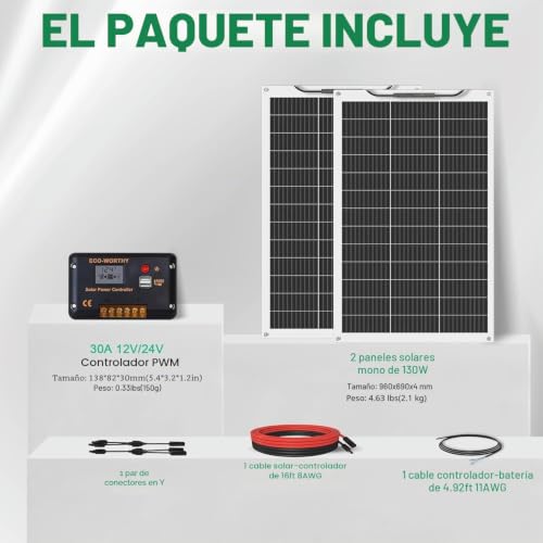 Miniatura 5 de Eco-Worthy - Kit De Panel Solar Flexible 260 W, 12 V, Sistema Fuera De La Red: 2 Paneles Solares Flexibles 130 W, 30 A, Pantalla Lcd 5 M, Cable Solar Para Caravana, Autocaravana, Barco, Cabina