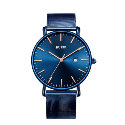 BUREI Montre-Bracelet pour Homme, Montre à Quartz analogique Minimaliste pour Homme avec Bracelet en Maille, Cadeaux pour Hommes, Bleu, Minimaliste, Classique