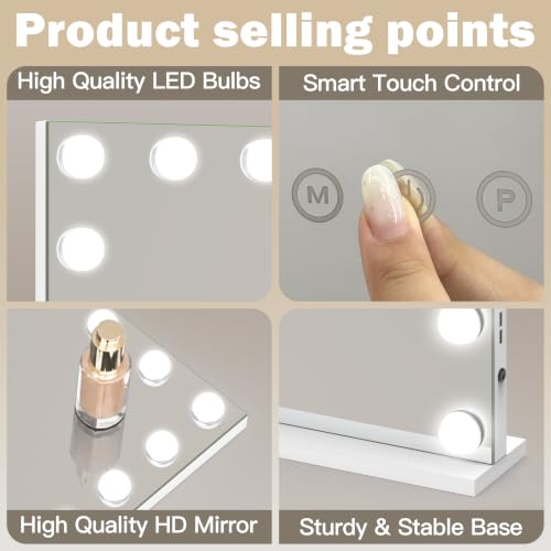 Image of ROLOVE 39.4 inch x 27.6 inch Extra Large Hollywood Vanity Mirror with Lights, 3 Color Lighting Modes, 10X Magnifying Mirror, Touch Control, Tabletop or Wall Mounted Makeup Mirror, White