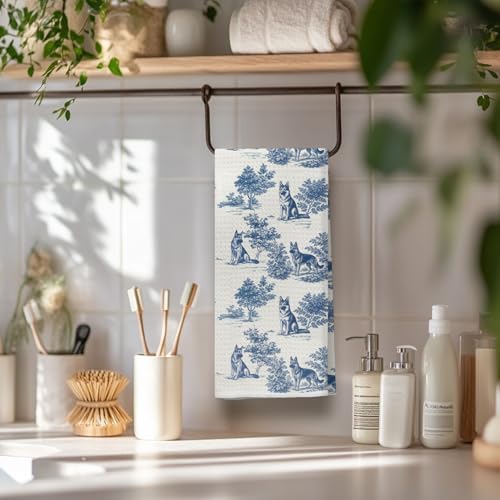 Image of German Shepherd Kitchen & Hand Towel for Dog Lovers, Chinoiserie German Shepherd Dish & Tea Towels, Farmhouse Dog Mom Gifts for Women, 16x24 Inch