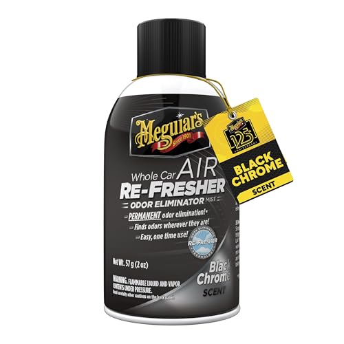 Meguiar's Refrescante de ar para todo o carro, spray eliminador de odores de carro elimina permanentemente odores indesejados de veículos em todo o seu interior, aroma de cromo preto, recipiente de