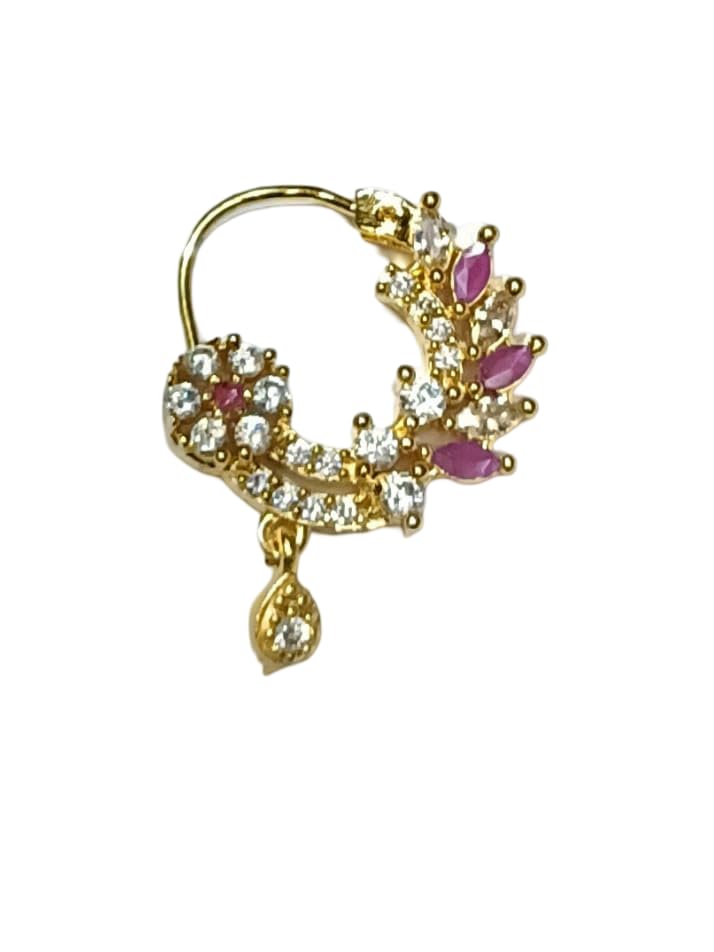 Nose Ring Indian Piercing Nath Gold Plated Pink Crystal-image-47