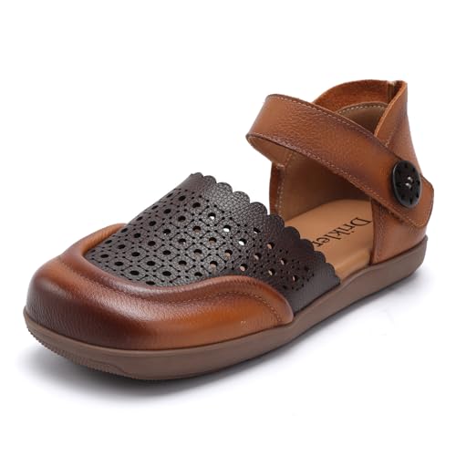 Drikler Women's Sandals Cut Out Flats Square Toe Fashion Mary Jane Comfort Leather Adjustable Non-Slip Walking Shoes Brown