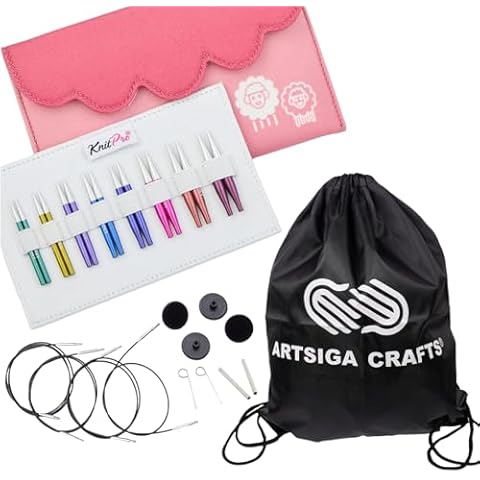 KnitPro Zing Mini Set 2 inch Circular Knitting Needles Size 2.5, 4, 5, 6, 7, 8, 9, 10 Interchangeable, 4 Cables, 4 Caps, 2 Keys, Fabric Case with Project Bag Cover