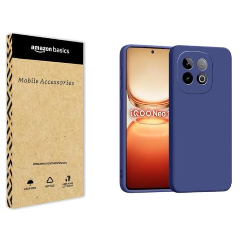 Image of amazon basics Back Cover for iQOO Neo 10 5G | Ultra Slim Soft Rubberised Case | Matte Silicone Flexible Mobile Case | Camera Protection - Blue