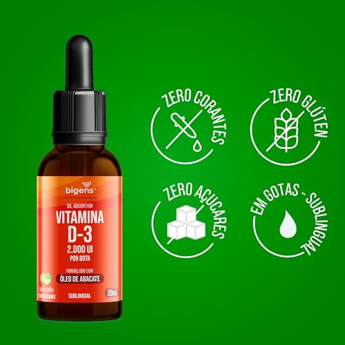 Vitamina D3 Liquida, 2000UI por gota, formlado com óleo de abacate, Sabor Limão, Unidade 20mL, Bigen