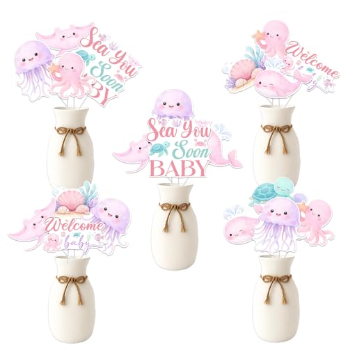 Fête prénatale Sea You Soon déco de table océan avec 24 centres de table roses pour baby shower