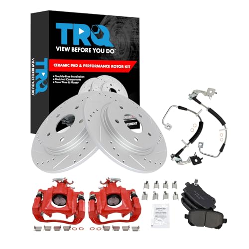 Image of TRQ Performance Rear Brake Pad and Rotor Set Ceramic Coated Drilled Slotted