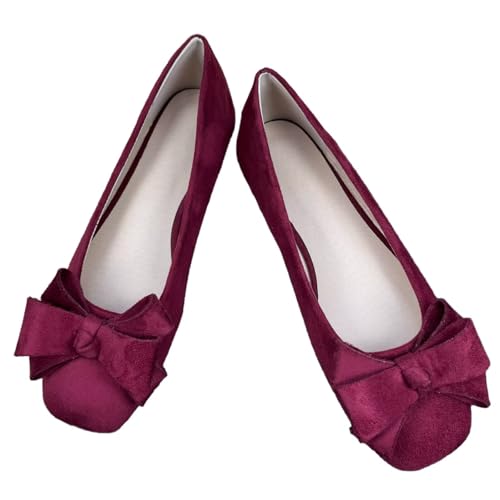 SAILING LU Womens Square Toe Ballet Flats Bow Knot Suede Flat Shoes Solid Color Wear to Work Cozy Slip-On Dress Shoes