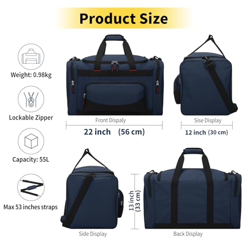 Image of Gym Bag 22 inch Sport Duffle Bag for Men, Navy Blue | 55L, Large Capacity, Multi Pockets, Weekender, Travel, 22 inchx12 inchx13 inch