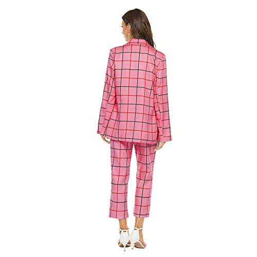 Modful Women's 2 Piece Plaid Suit Set Double-Breasted Lapel Blazer And Elastic Drawstring Pants (Rose Red,Medium) #TOP4