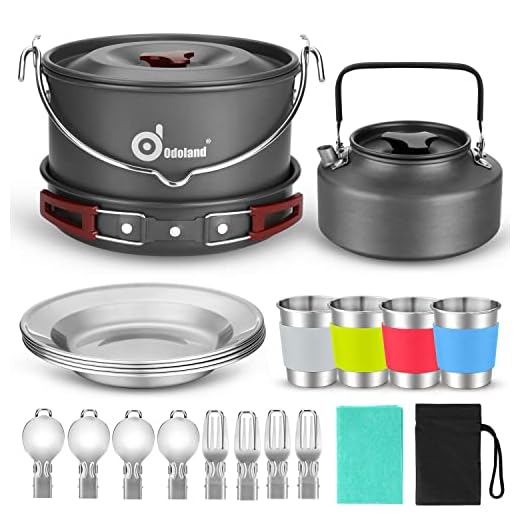 Odoland Utensilios Cocina Camping con 4.4 L Olla, 1.5 L Sartén, 1.1 L Hervidor de Camping, Plato, Tazas de Acero Inoxidable y Cubiertos Plegables, Kit de Cocina para Cocinar al Aire Libre