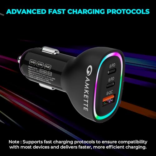 Image of MOZEN by Amkette PowerPro 60W Car Charger, 3 Port (Dual Type C + USB A) Car Charger Socket, Fast Charging, ABS Build, Safety Protections, Multi-Device Compatible - Mobiles, Tablets & More