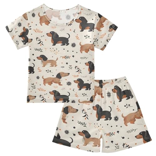 ALAZA Dachshund Dog Cartoon Leaf Pajamas Set Short Sleeve Cotton Sleepwear Summer Pjs 2 Piece 5-14Y
