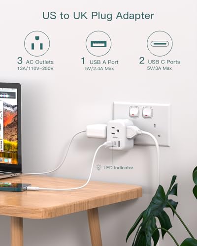 2-Pack US/CA to UK Ireland Travel Plug Adapter, Addtam Type G Power Outlet Adapter with 3 AC Outlets 3 USB(2 USB C), Travel Essentials for USA to Dubai Scotland British London Engl image 7