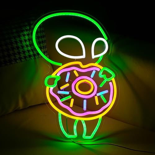 Image of Alien Donuts Neon Sign Green Alien Neon Light for Wall Decor Donuts Led Lights Up Sign for Bedroom Dessert Shop Bakery Party Decoration Gift Fast Food Shop Cool Light Sign 16.5 * 11.4 IN