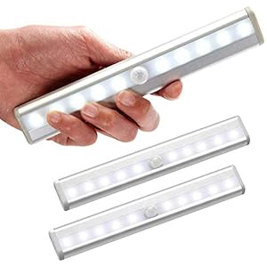 Set van 3 LED-bewegingsmelder voor binnenverlichting Kastverlichting 10 LED’s draadloze schijnwerper, LED-kastlamp Led-verlichting op batterijen met magneetstrip, Kindernachtlampje op gangtrappen