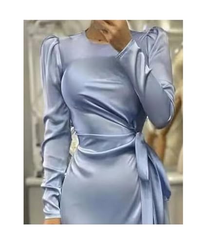 Image of xxxiticat Women's Satin Long Dress Long Sleeve Puff Shoulder Crew Neck Tie Up Waist Ruched High Slit Maxi Slip Dresses(BE,L) Blue, Large
