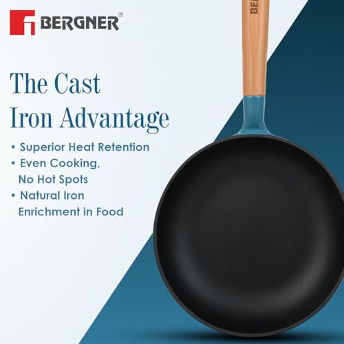 Image of BERGNER Excalibur Lightweight Cast Iron Frypan with Lid 28cm, Sturdy Wooden Handle, Non-Stick Coating, PFAS Free, Perfect Heat Distribution, Elegant Design - Induction Compatible (Blue)