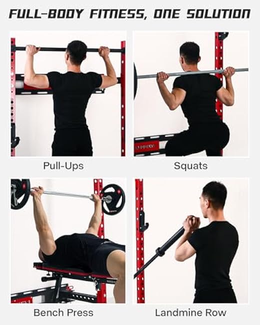 2 x 2 Folding Wall Mounted Squat Rack, 1100 Pounds Capacity Power Rack with Pull Up Bar, J Hooks and Other Attachments, Space-Saving Home Gym Package