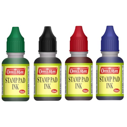 Image of Soni OfficeMate 15ml Stamp Pad Refill Ink - Black, Blue, Red, Green | Quick-Drying, Smudge-Free & Long-Lasting | Ideal for Office, School & DIY | Pack of 4 (Multicolour)