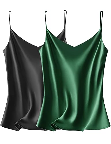 VIDUSSA Damen Satin Cami Tank Top Basic Shirt V-Ausschnitt Ämellose Blusen...