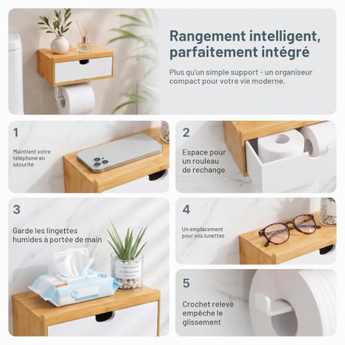 HINATDD Porte Papier Toilette avec Boîte Lingettes sans Perçage Bambou – vue 3