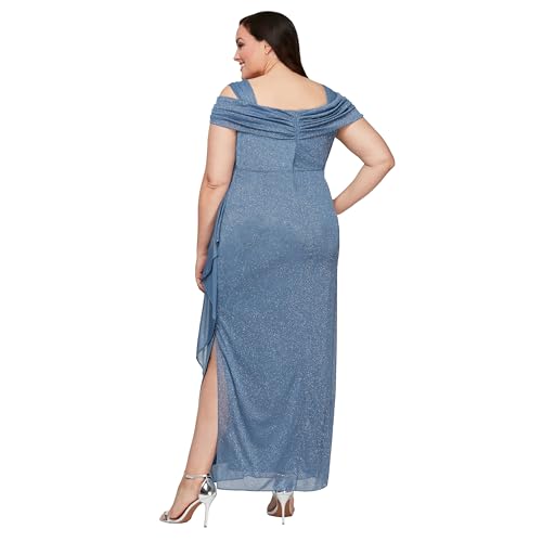 Image of Alex Evenings Women's Long Cold Shoulder Dress, Mother of The Bride, Formal Events, Dusty Blue Glitter, 14 Plus
