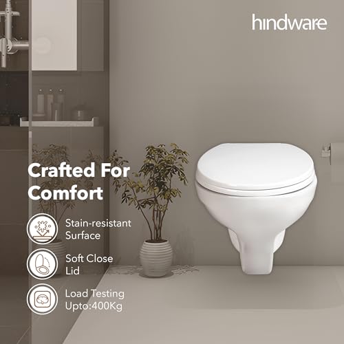 Image of Hindware Classik Wall Hung Western Commode for Bathroom | Made of Ceramic | P-230 Trap | Soft Close Feature | Star White | Oval Shape | Wall Mount Ewc | 10-Year Manufacturer Warranty