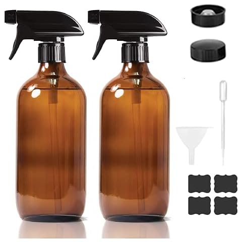 FreeBiz Empty Glass Bottle Spray Bottle Container Approx. 454 ml BPA Free with Waterproof Label for Beauty, Cleaning, Garden (Brown Black) Cover