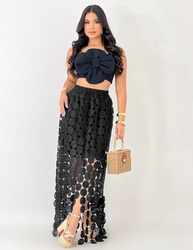 Flygo Womens Maxi Skirt 2025 Summer Boho Hollow Out Fringe Hem High Waisted Lace Long Skirts for Party Wedding Beach2