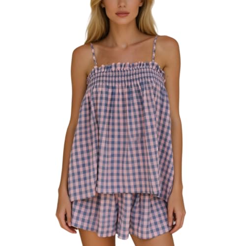 Image of Yuemengxuan Women 2 Piece Casual Lounge Set Sleeveless Strappy Tie Back Cami Top Wide Leg Shorts 2Pcs Summer Pj Set Beachwear
