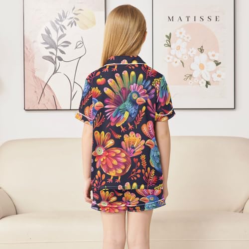 Satin Pajama Sets Short Sleeve Birds Hen Colorful Leaves Button Down Silky Nightwear 2 Piece PJS 5-14Y4