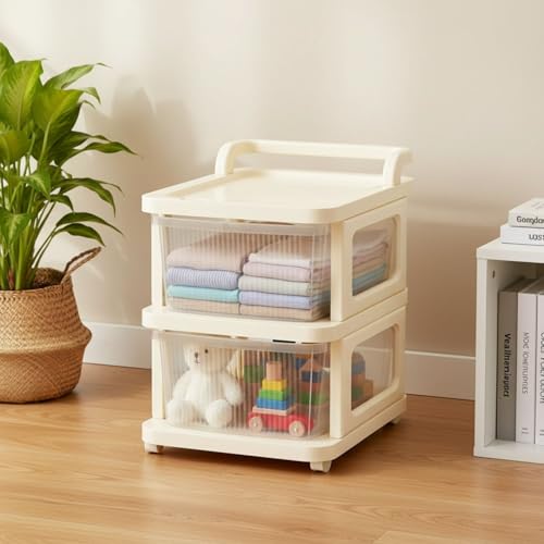 Aliensware 2Layer Plastic Storage Drawer Organizer with Wheels, Modular Cabinet for Home, Office, School, Hospital, Parlor, Morden Kitchen,Clothes, Toys Organiser for Kids Room,Aliens-Clear Ivory