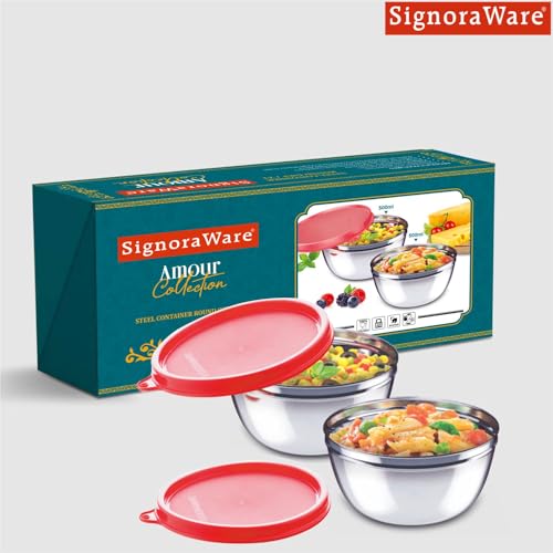 Image of Signoraware Stainless Steel Mixing Bowl Set| Dishwasher Safe| Compact Size| Odor-Free| Great for Serving Dishes| Ideal for Office & School use| Great for Gifting (500ml x 2| Set of 2| Red)