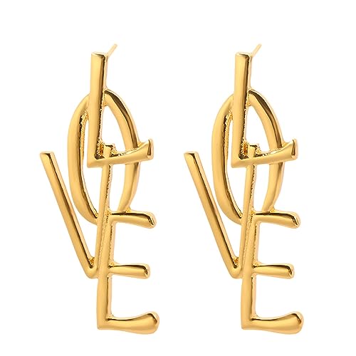 Love Letter Earrings for Women Fashion Dainty Punk Large Long Love Heart Shape Dangle Stud Earrings Statement Trendy Earrings Jewelry Gift (Gold)