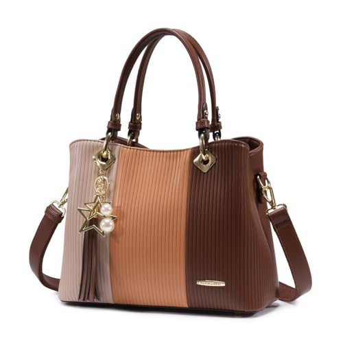 Pomelo Best Purses and Handbags for Women with Multiple Pockets, Leather Top Handle Satchel Fashion Tote Shoulder Bags for Ladies, Brown Combination Fall