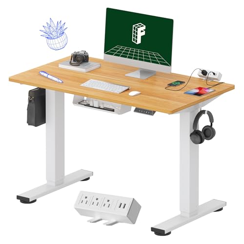 Image of FLEXISPOT EN2 Whole-Piece Standing Desk with Clamp Power Strip, 40 x 24 Electric Stand Up Height Adjustable Desk with Cable Management (White Frame + 40 inch Maple Top)